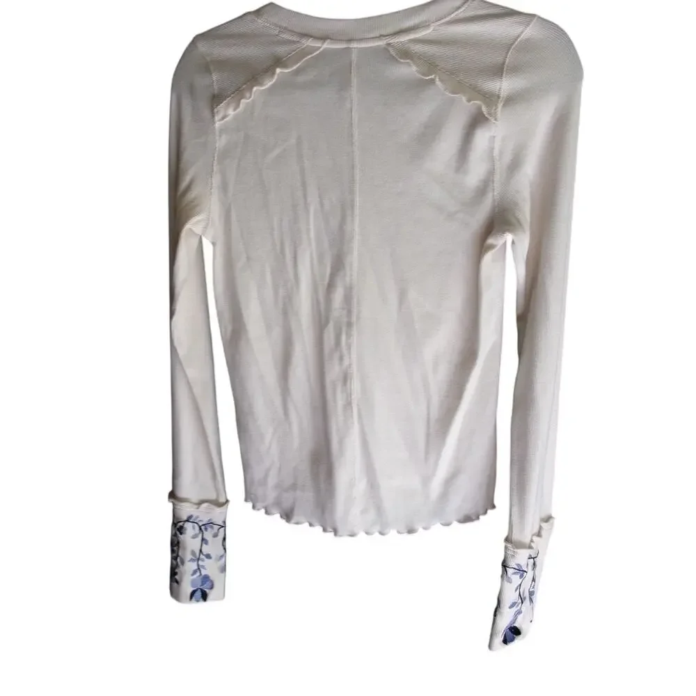 NWT Free People Embroidered Henley Top M Ivory Blue Floral Long Sleeve